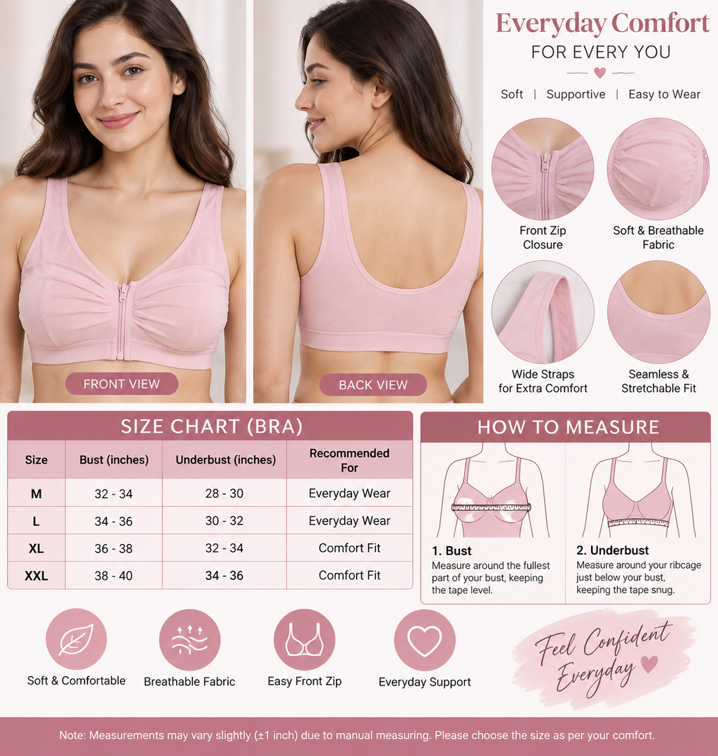 Women’s Front Zip Seamless Comfort Bra – Wide Strap