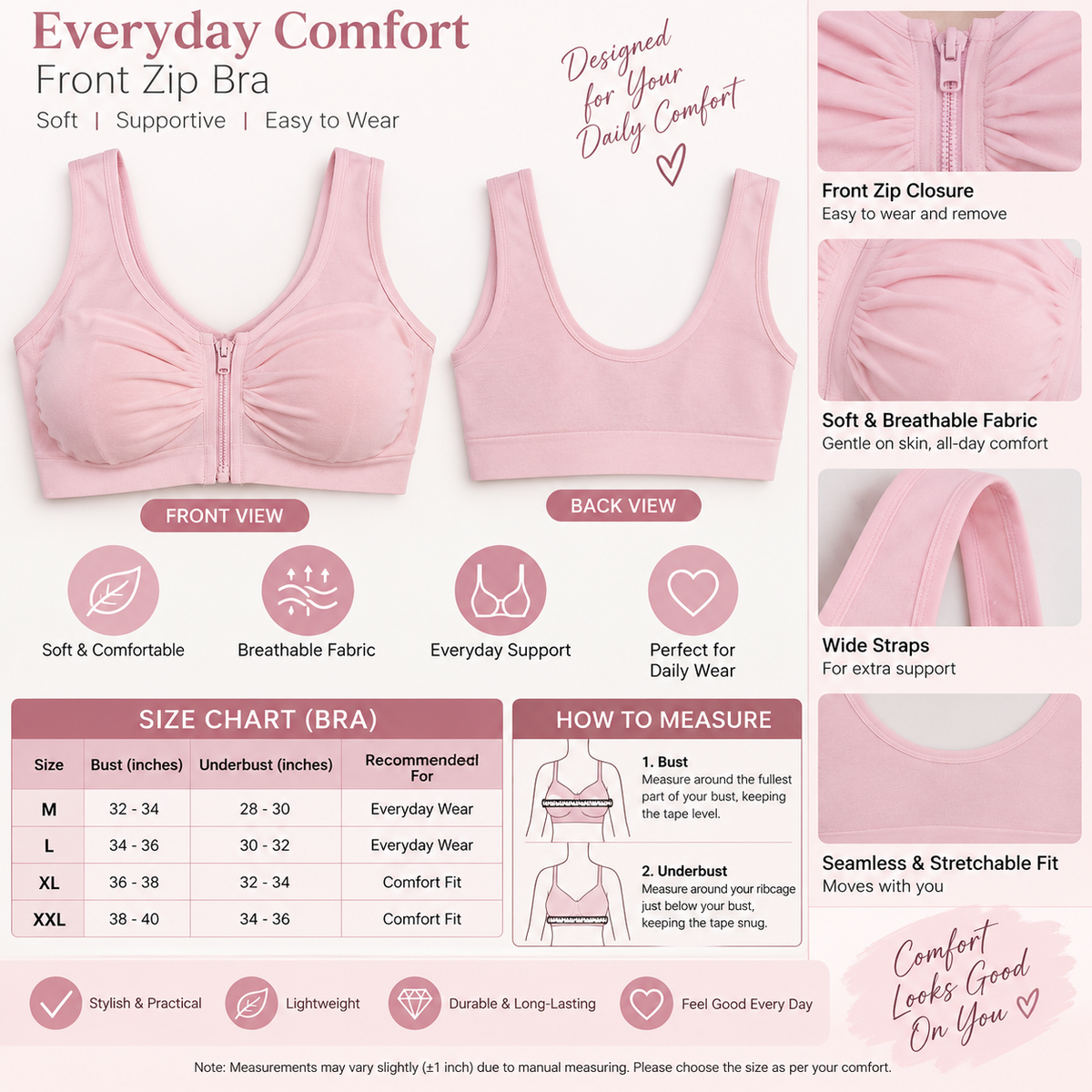 Women’s Front Zip Seamless Comfort Bra – Wide Strap