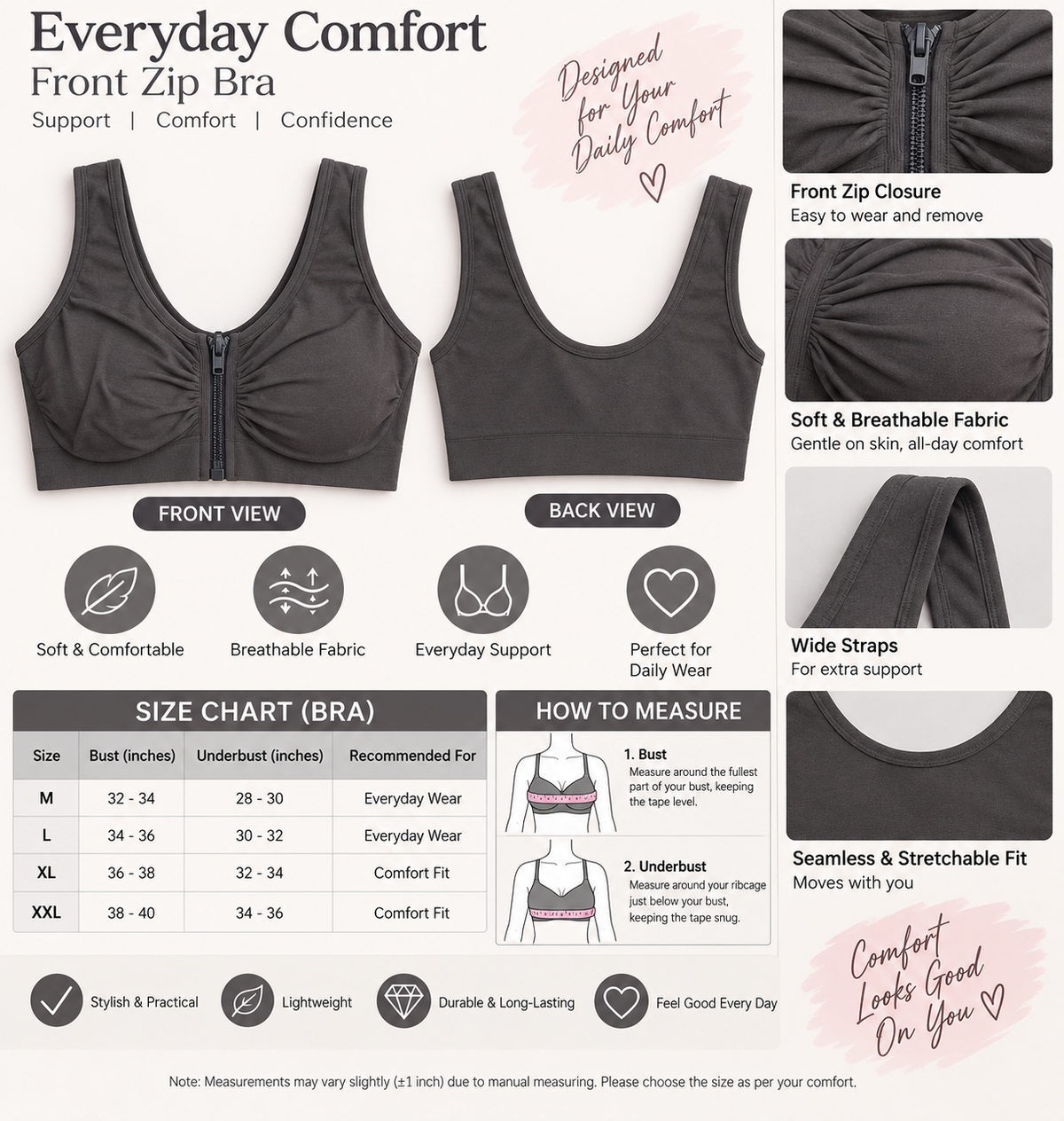 Women’s Front Zip Seamless Comfort Bra – Wide Strap