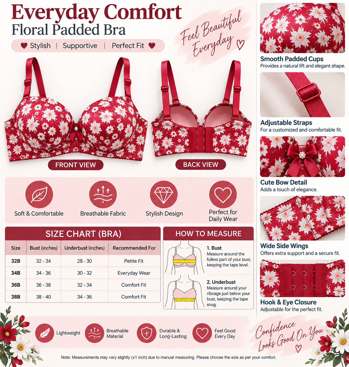 Women’s Floral Padded Push-Up Bra – Adjustable Strap Comfort Bra