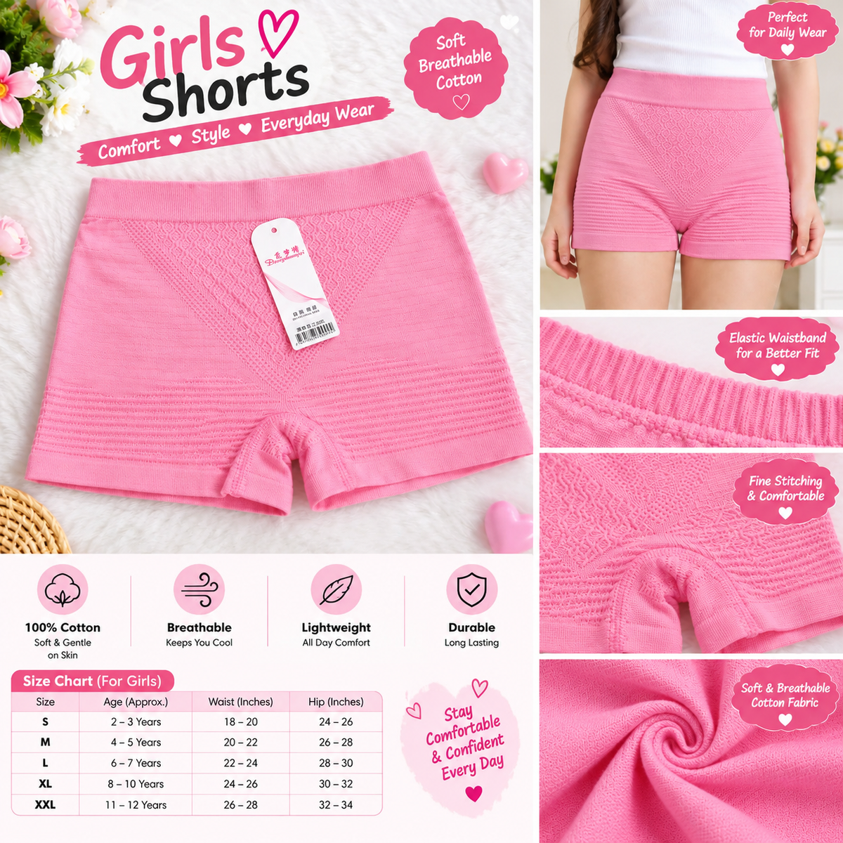 Girls Cotton Basic Shorts