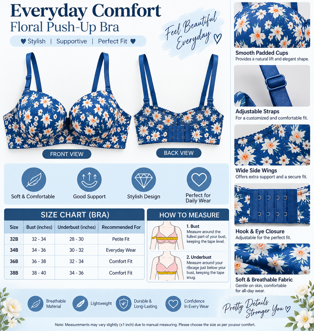 Women’s Floral Padded Push-Up Bra – Adjustable Strap Comfort Bra