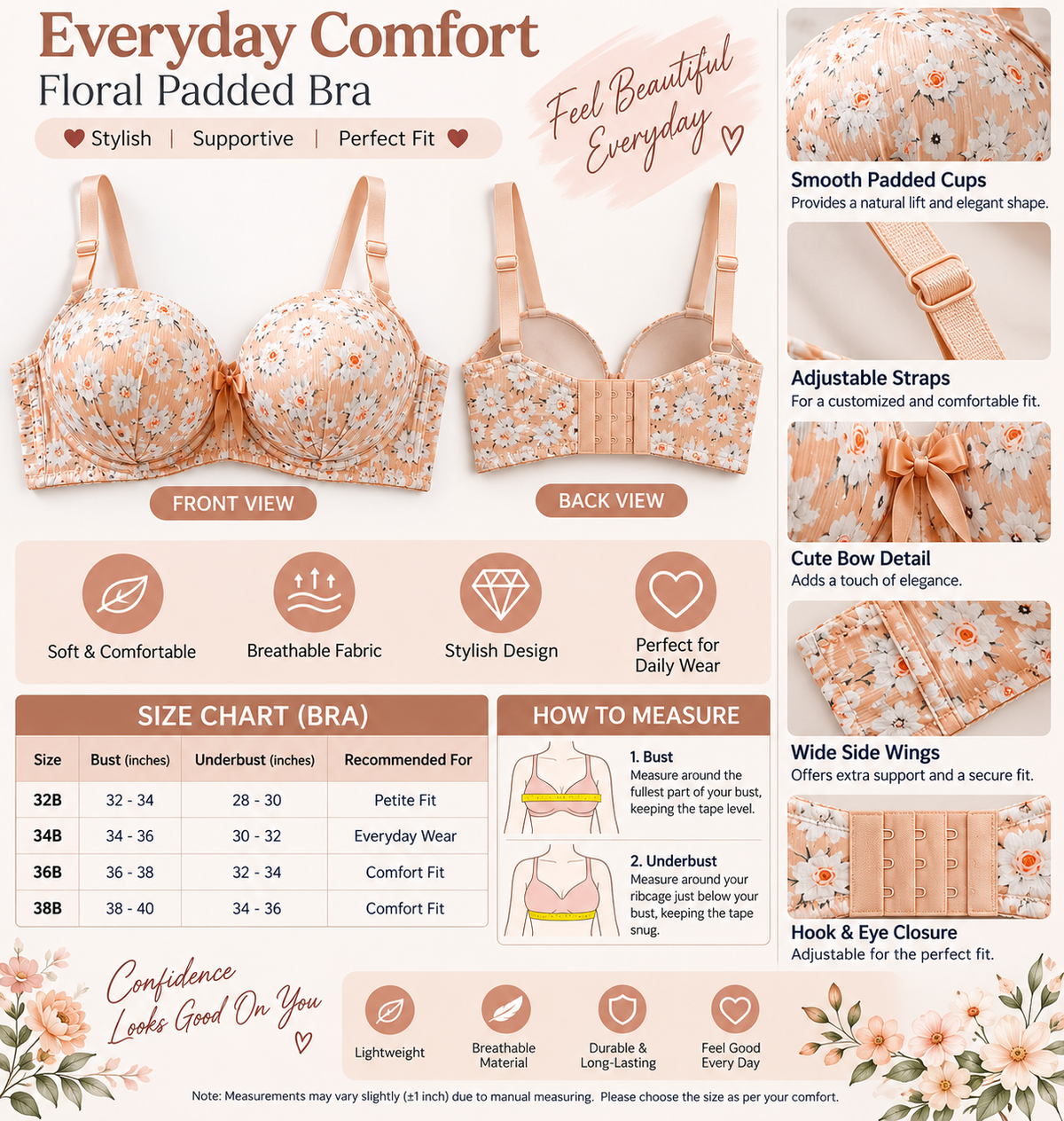 Women’s Floral Padded Push-Up Bra – Adjustable Strap Comfort Bra