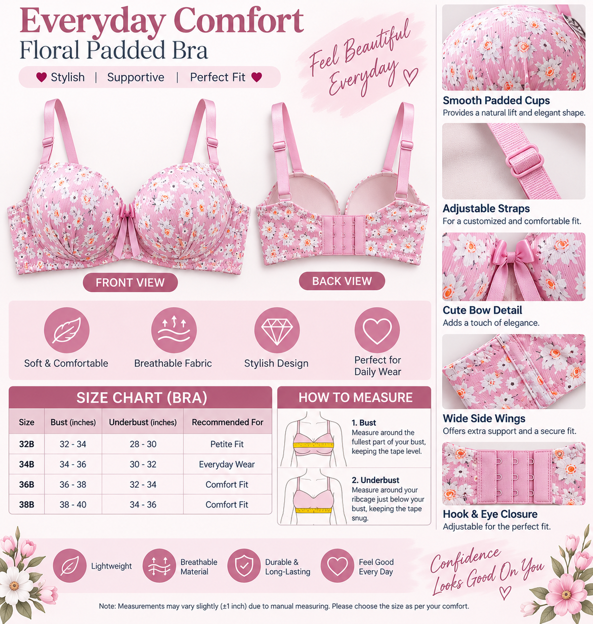 Women’s Floral Padded Push-Up Bra – Adjustable Strap Comfort Bra