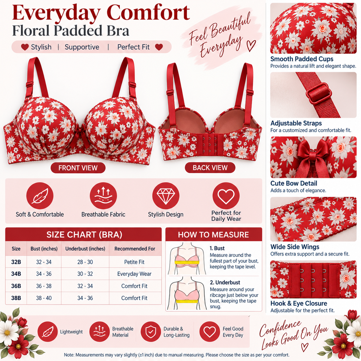Women’s Floral Padded Push-Up Bra – Adjustable Strap Comfort Bra