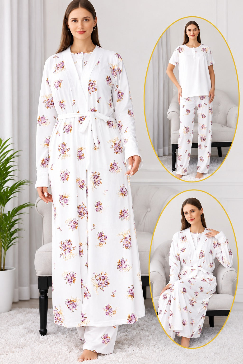 Women’s 3-Piece Floral Pajama & Long Robe Set