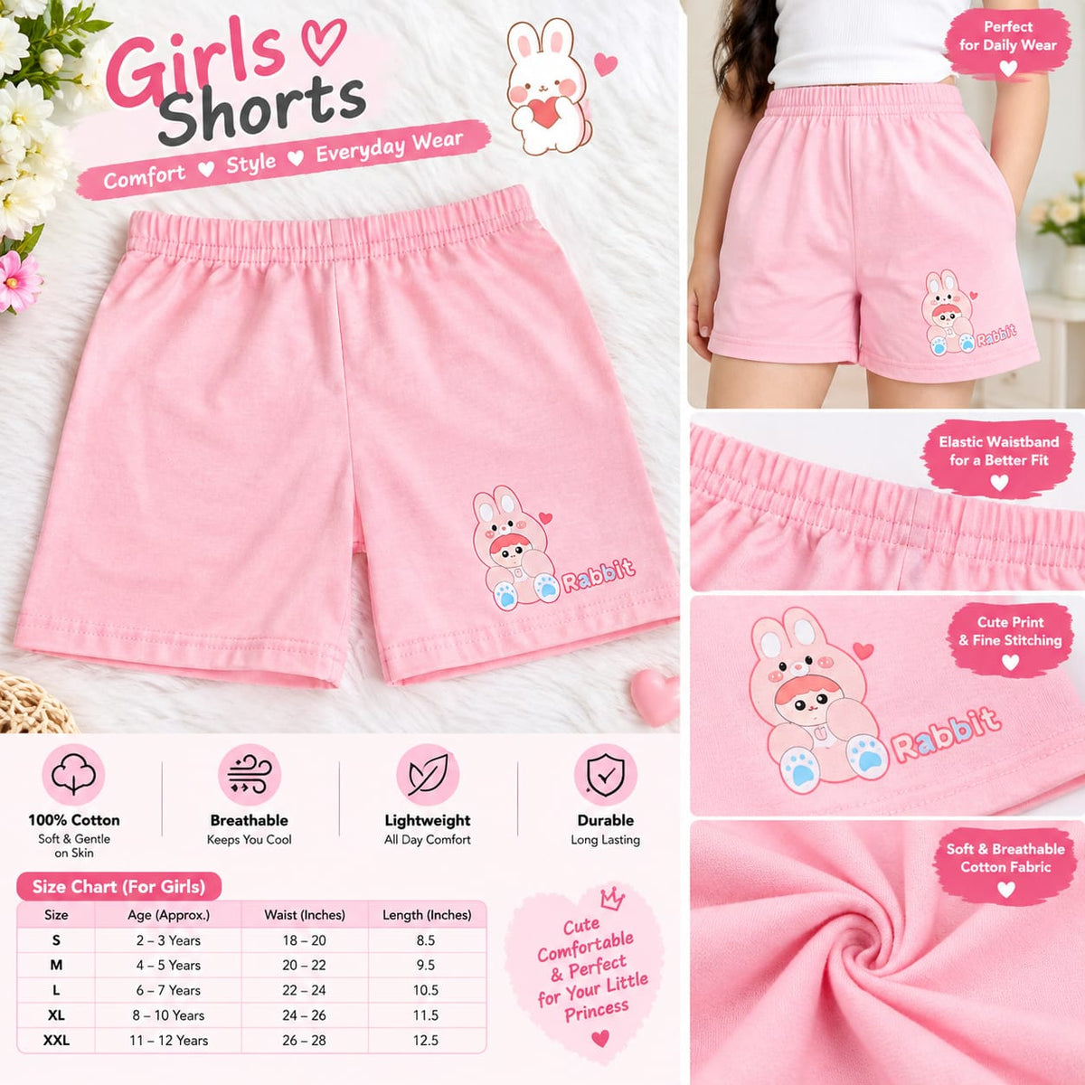 Girls Cotton Rabbit Print Shorts – Soft & Breathable Everyday Wear