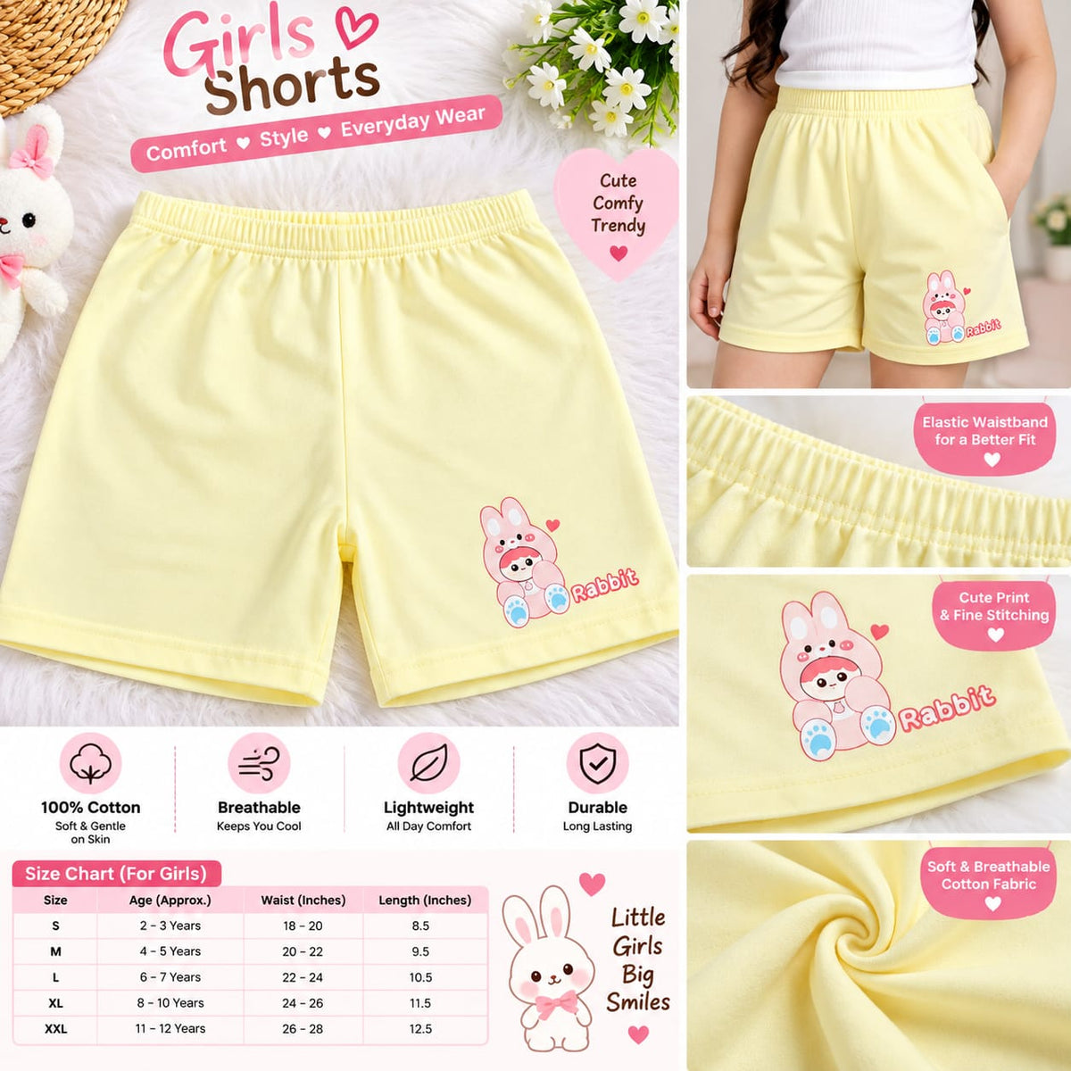 Girls Cotton Rabbit Print Shorts – Soft & Breathable Everyday Wear