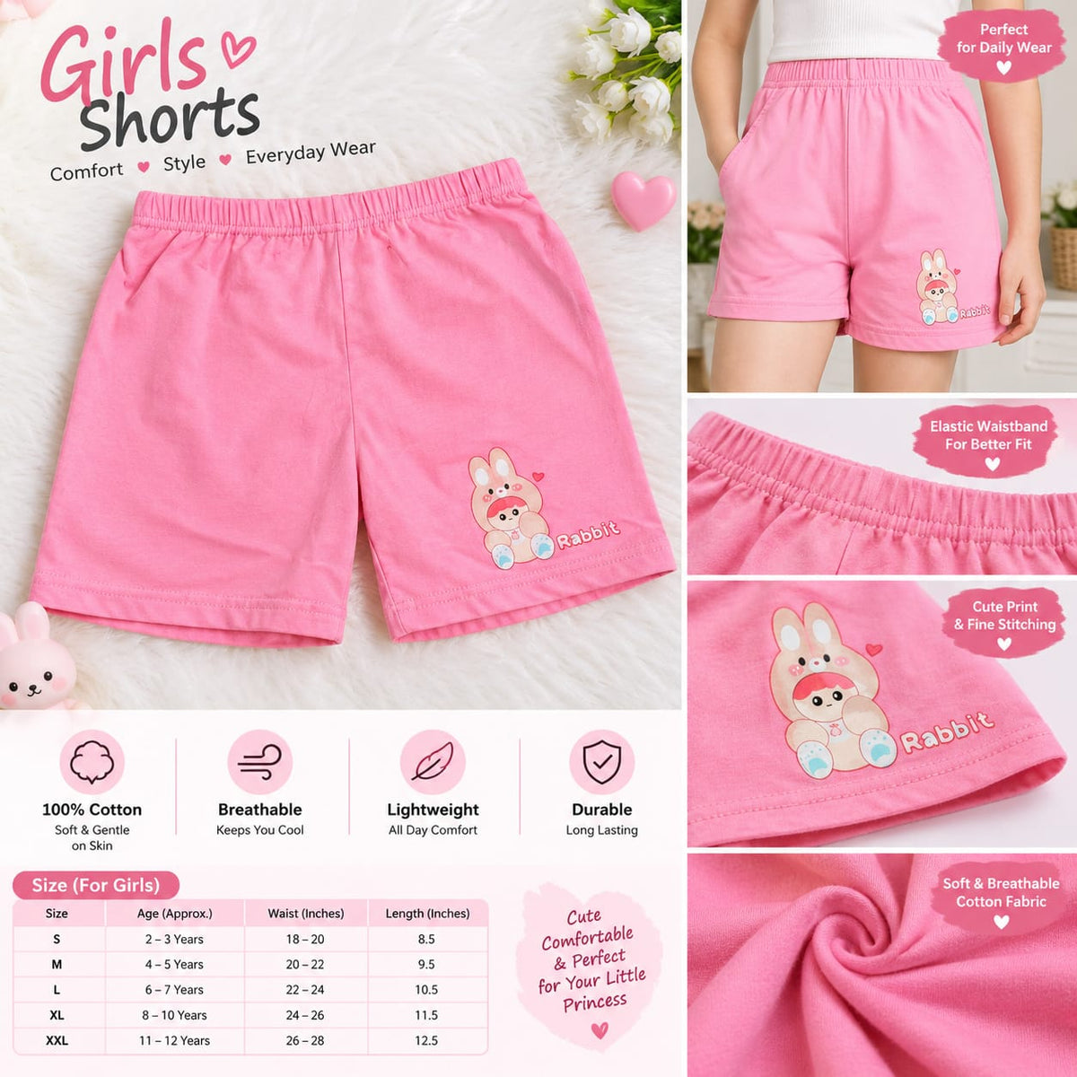 Girls Cotton Rabbit Print Shorts – Soft & Breathable Everyday Wear