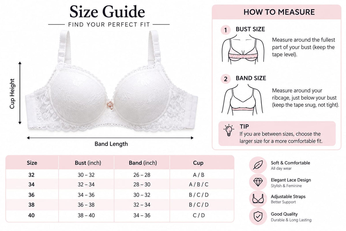 Women’s Floral Lace Padded Bra – Adjustable Straps & Comfortable Fit