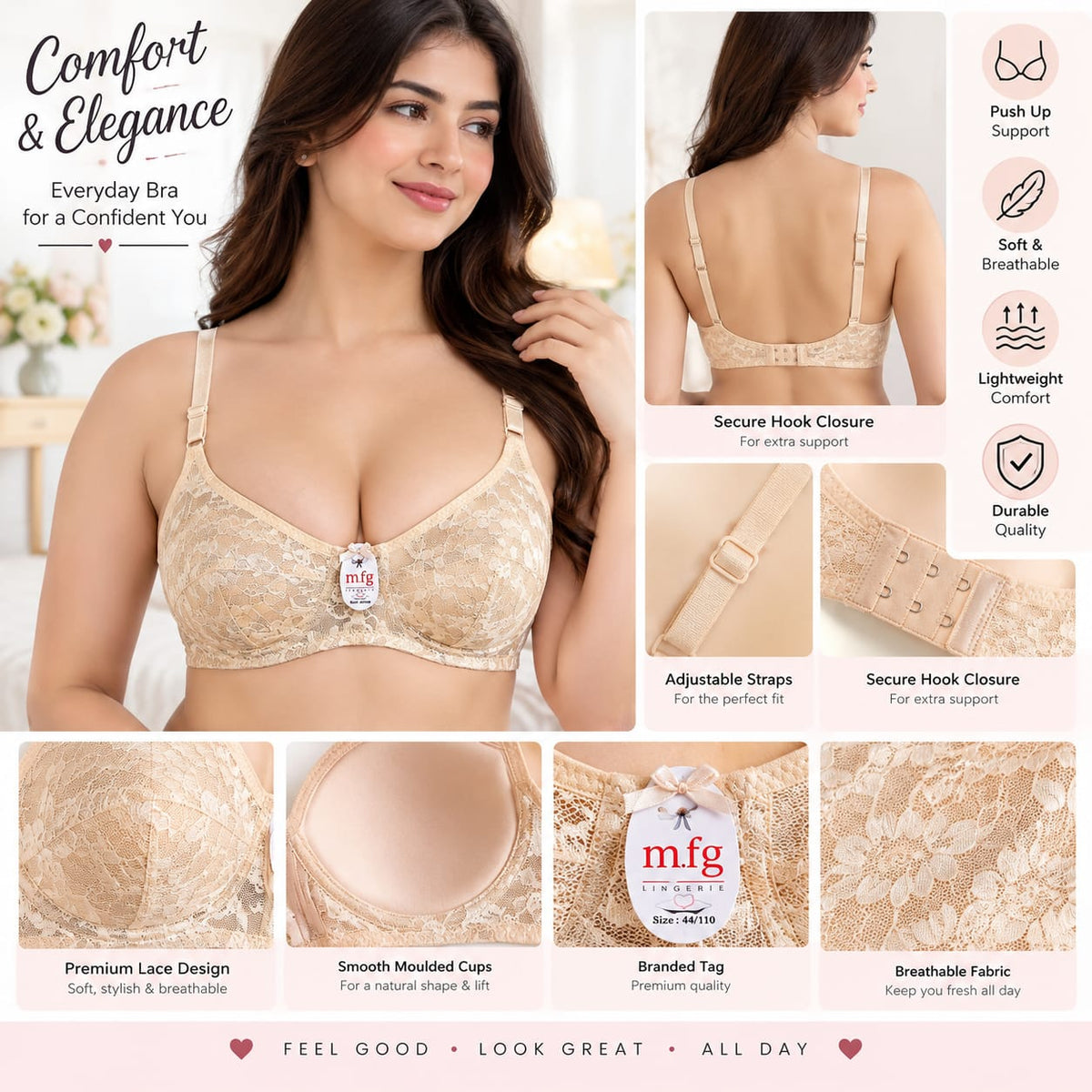 Women’s Lace Comfort Bra – Adjustable Straps & Moulded Cups