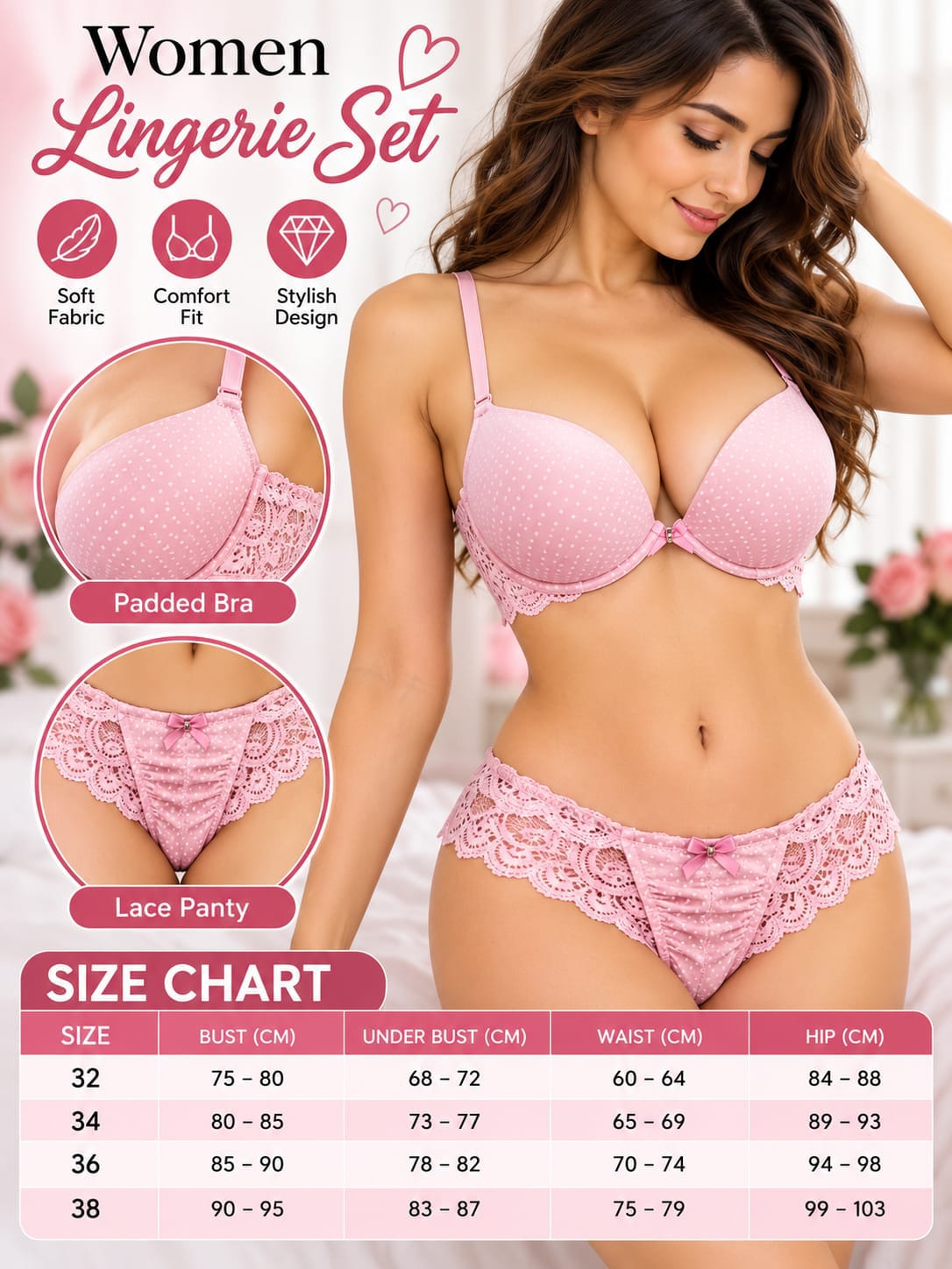 Women’s Red Lace Lingerie Set – Padded Bra & Lace Panty
