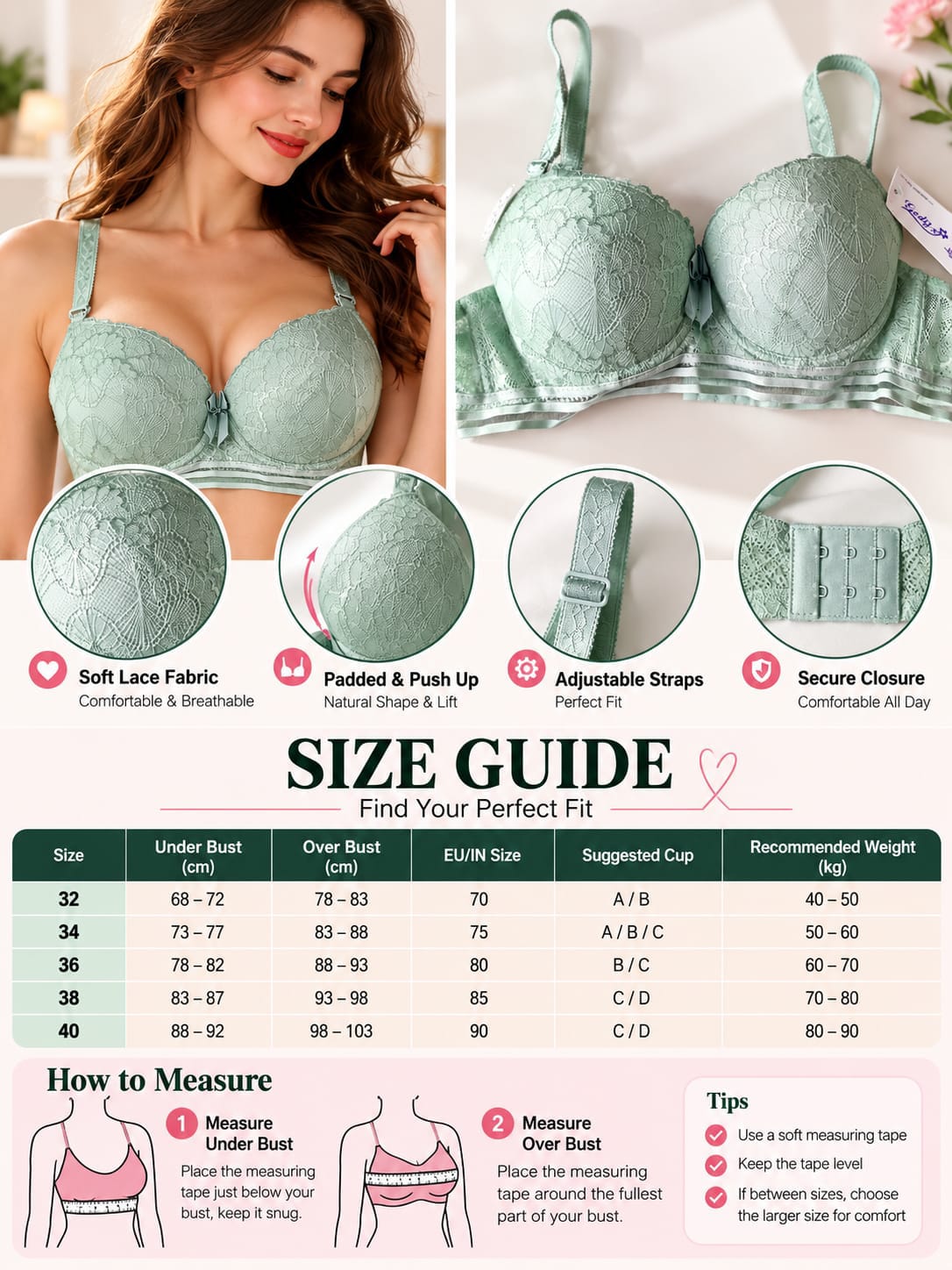 Women’s Lace Padded Push-Up Bra – Adjustable Straps & Secure Closure