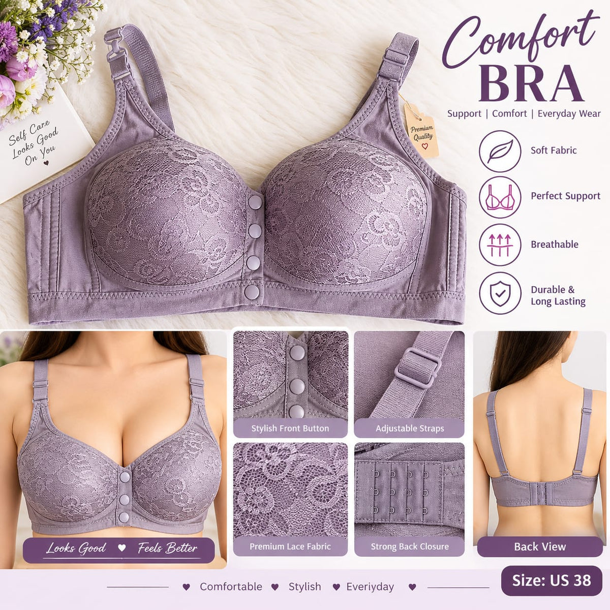 Women’s Red Lace Front Closure Comfort Bra – Adjustable Straps & Supportive Fit
