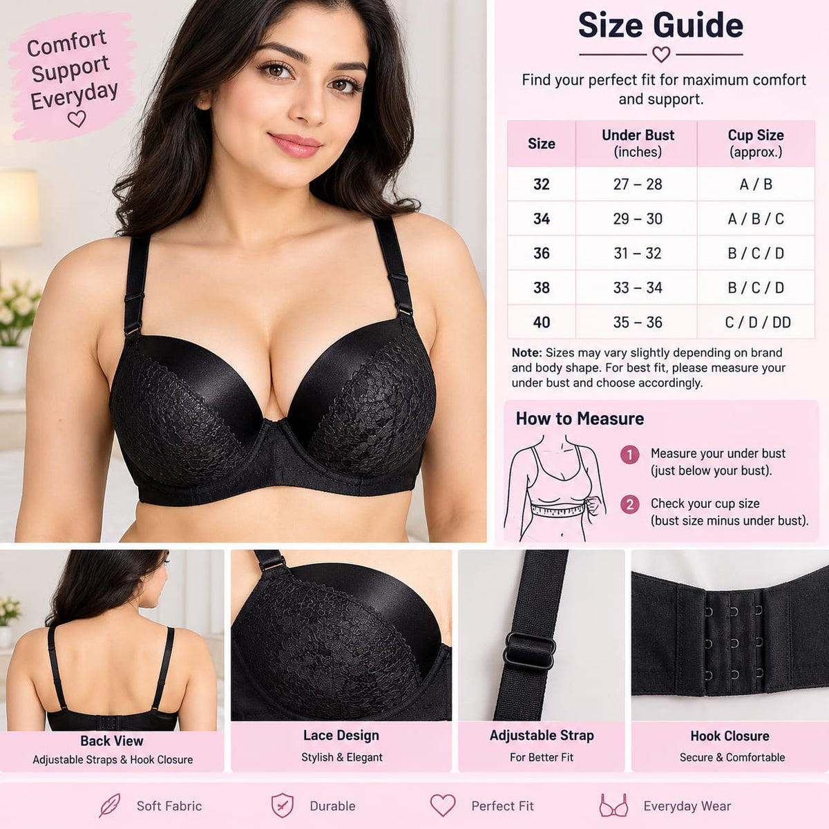 Women’s Black Lace Padded Bra – Adjustable Straps & Hook Closure