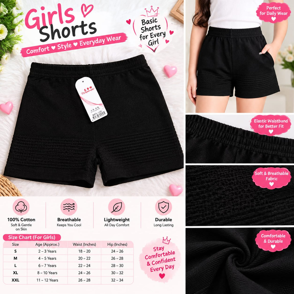 Girls Cotton Basic Shorts