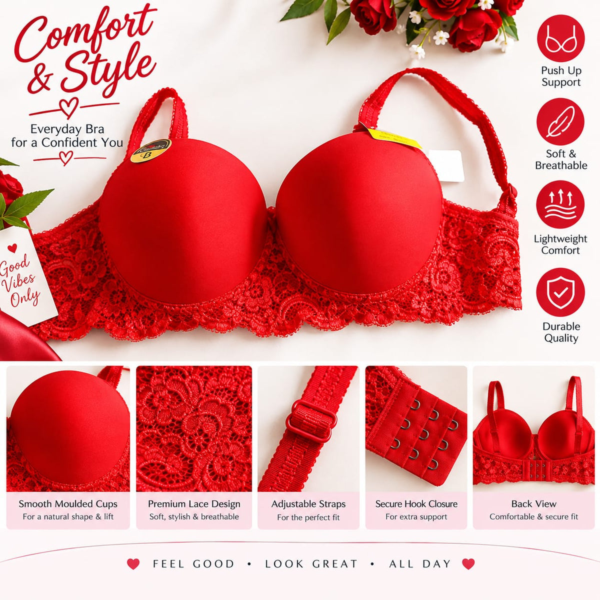 Women’s Red Lace Push-Up Bra – Soft & Comfortable Everyday Bra