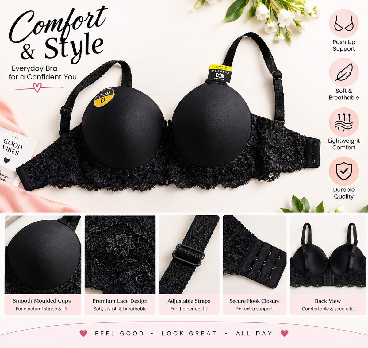 Women’s Red Lace Push-Up Bra – Soft & Comfortable Everyday Bra