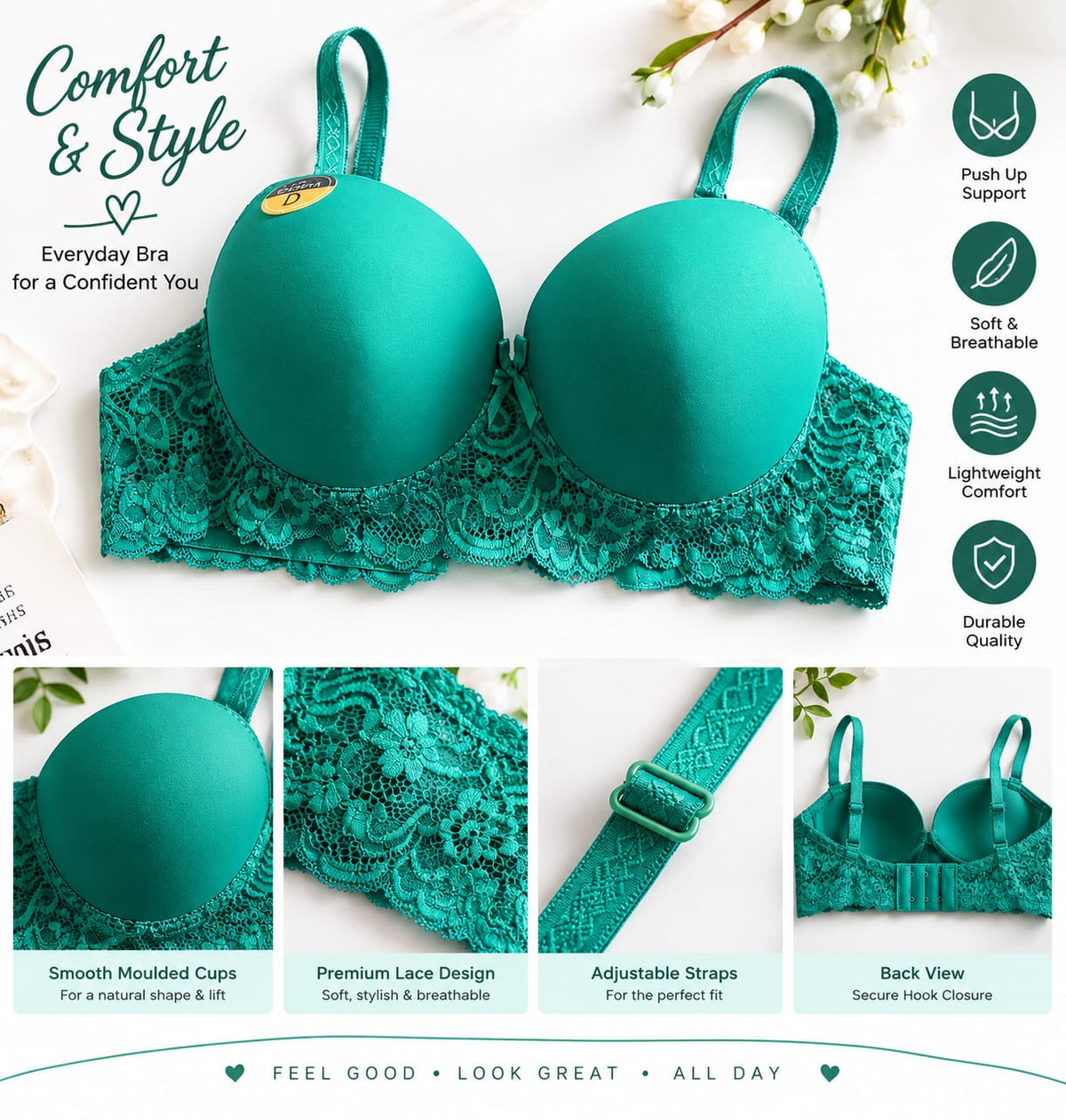 Women’s Red Lace Push-Up Bra – Soft & Comfortable Everyday Bra