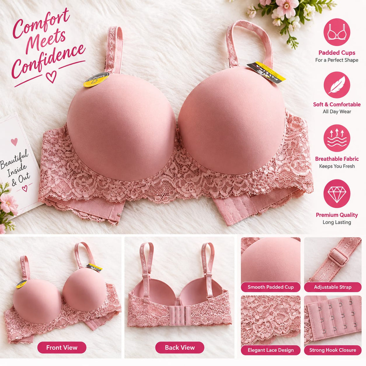 Women’s Red Lace Push-Up Bra – Soft & Comfortable Everyday Bra