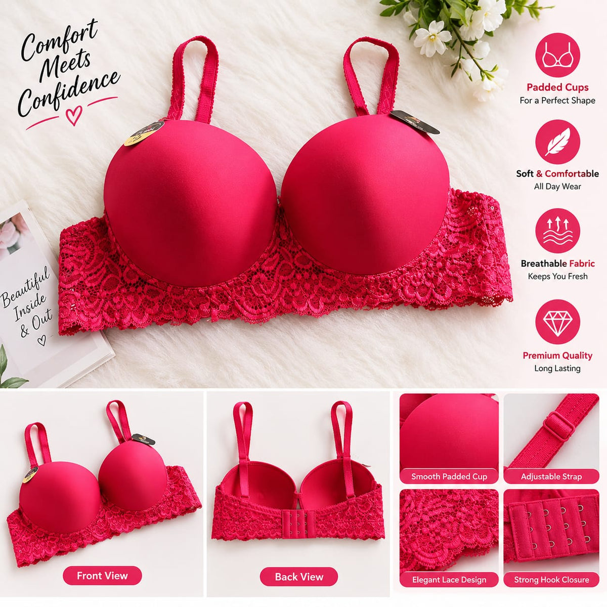 Women’s Red Lace Push-Up Bra – Soft & Comfortable Everyday Bra