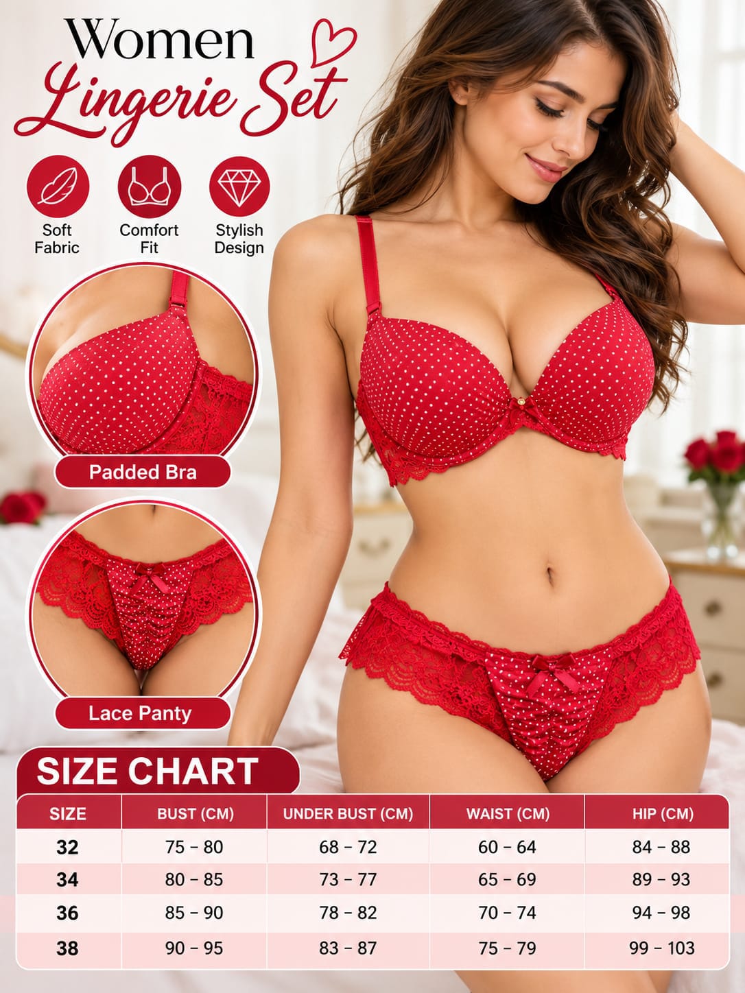 Women’s Red Lace Lingerie Set – Padded Bra & Lace Panty