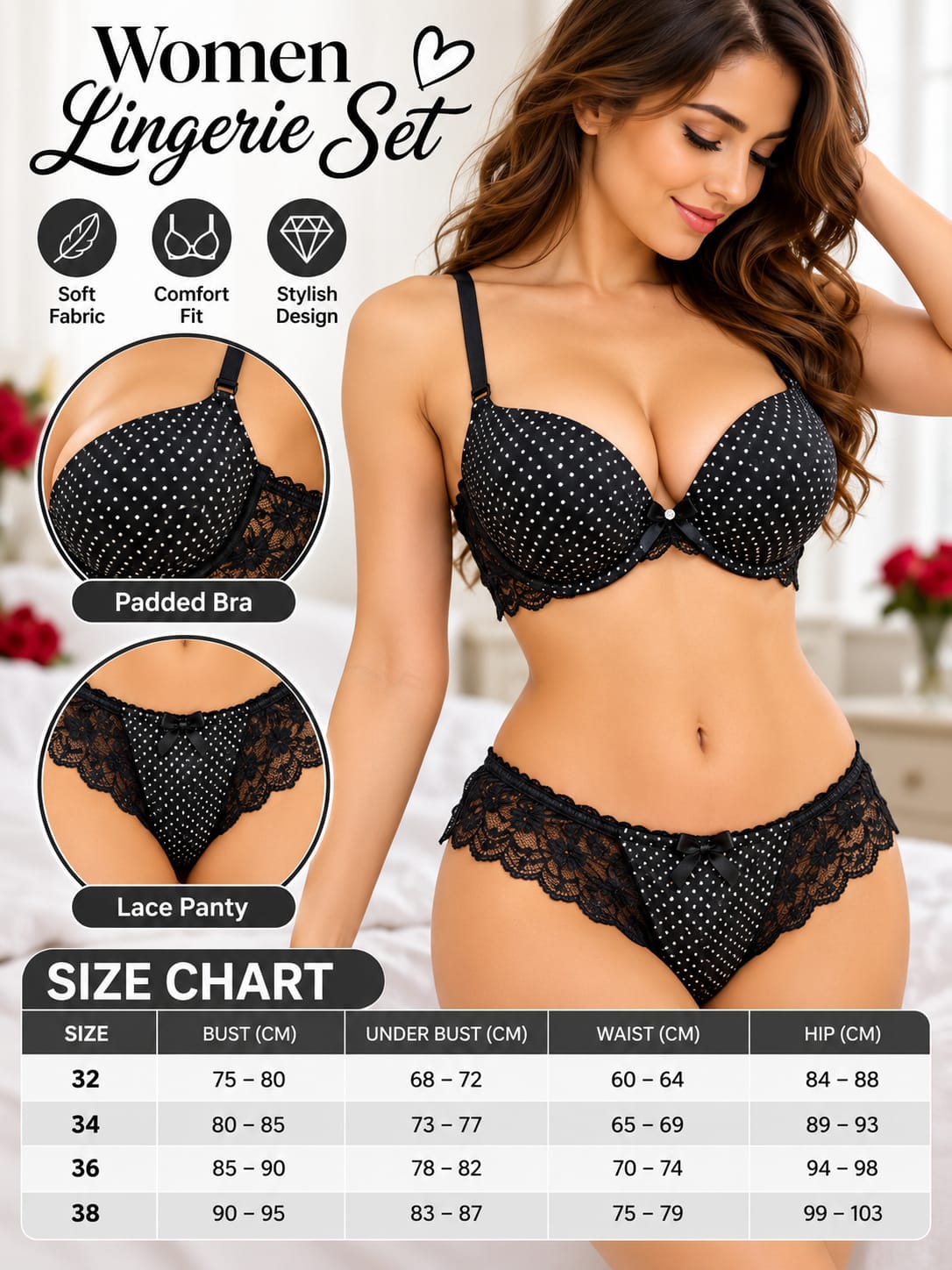 Women’s Red Lace Lingerie Set – Padded Bra & Lace Panty