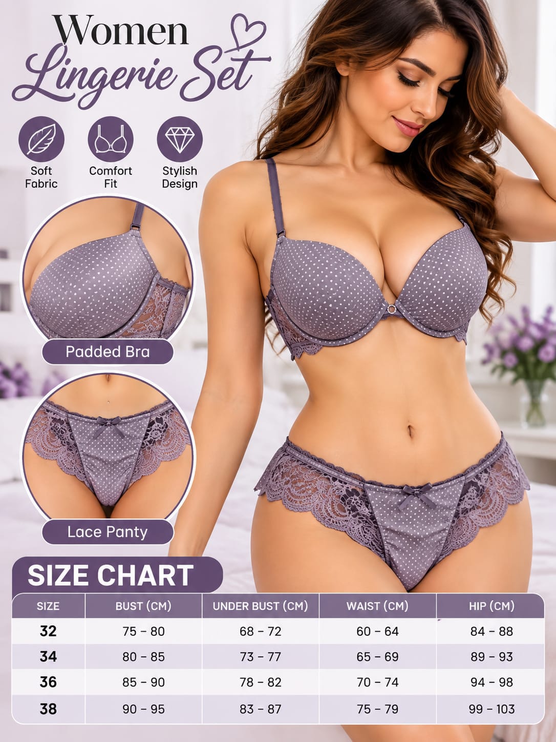 Women’s Red Lace Lingerie Set – Padded Bra & Lace Panty