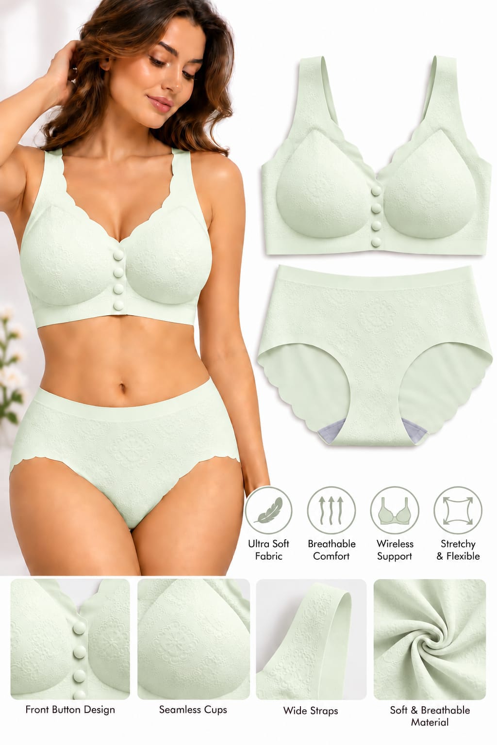 Women’s Seamless Wireless Front Button Bra & High-Waisted Panty Set