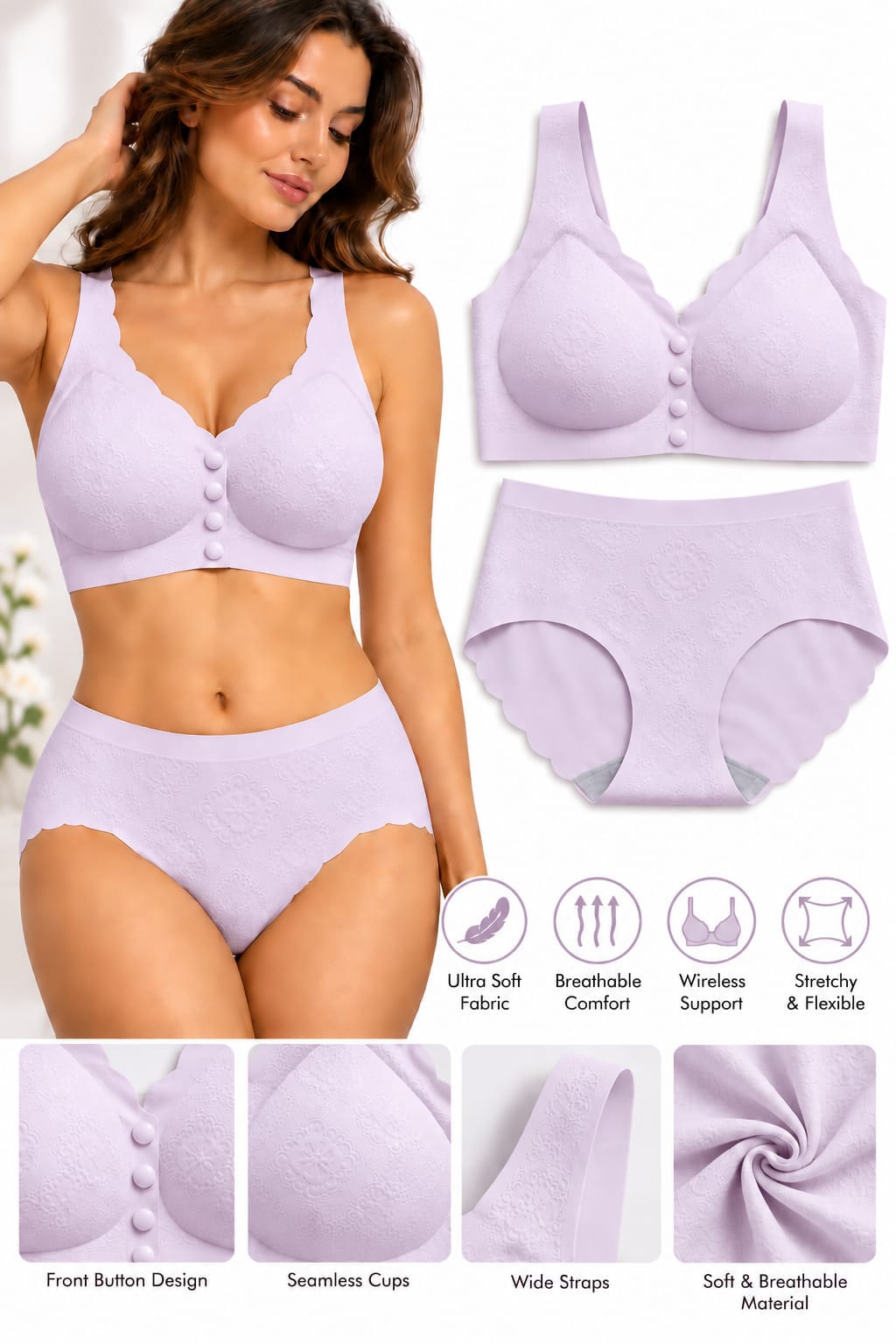 Women’s Seamless Wireless Front Button Bra & High-Waisted Panty Set