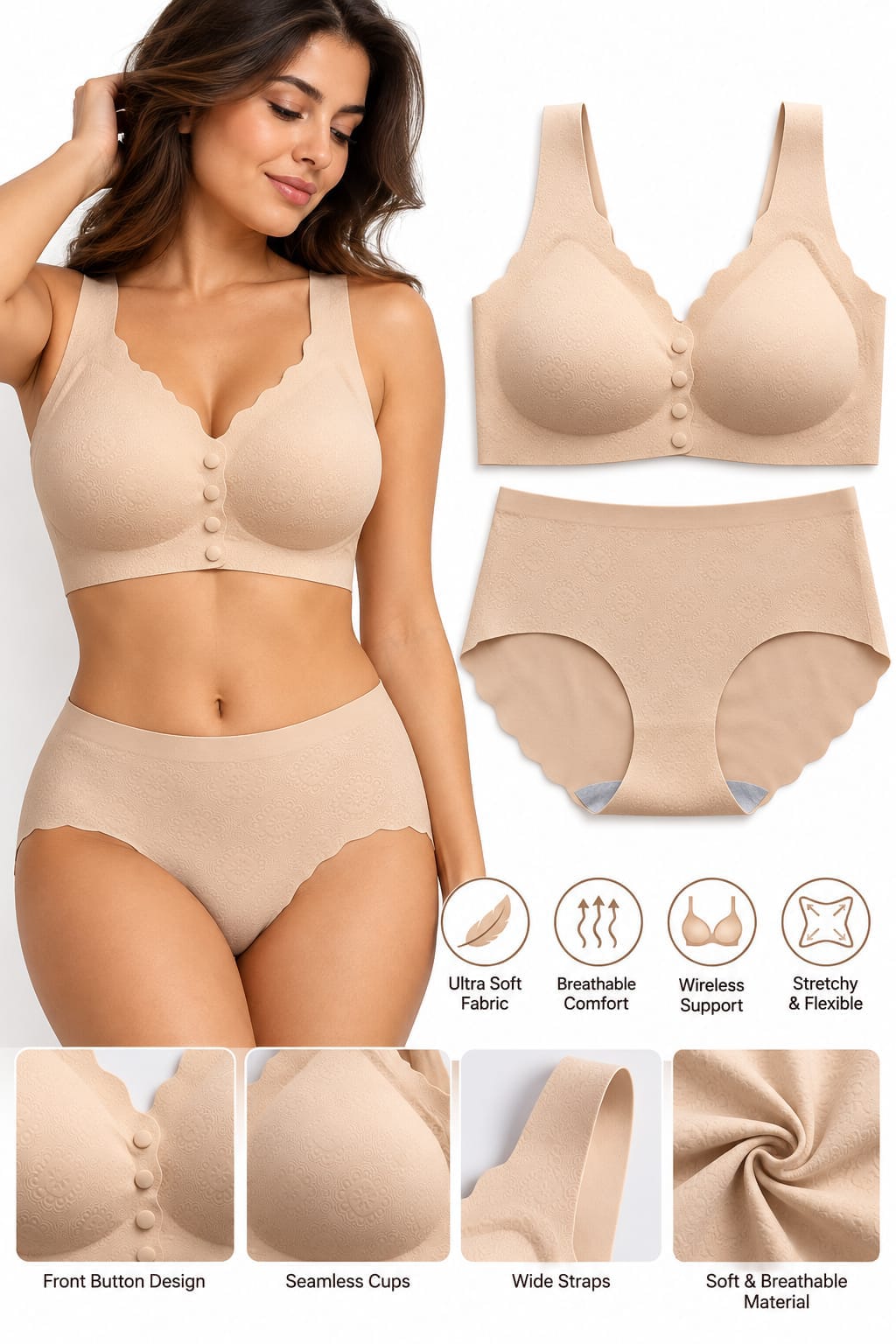 Women’s Seamless Wireless Front Button Bra & High-Waisted Panty Set