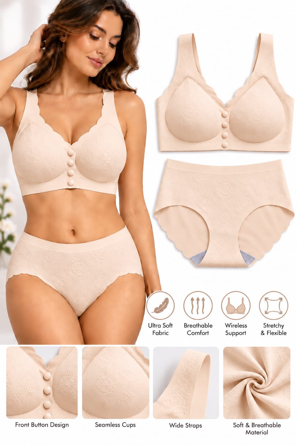 Women’s Seamless Wireless Front Button Bra & High-Waisted Panty Set