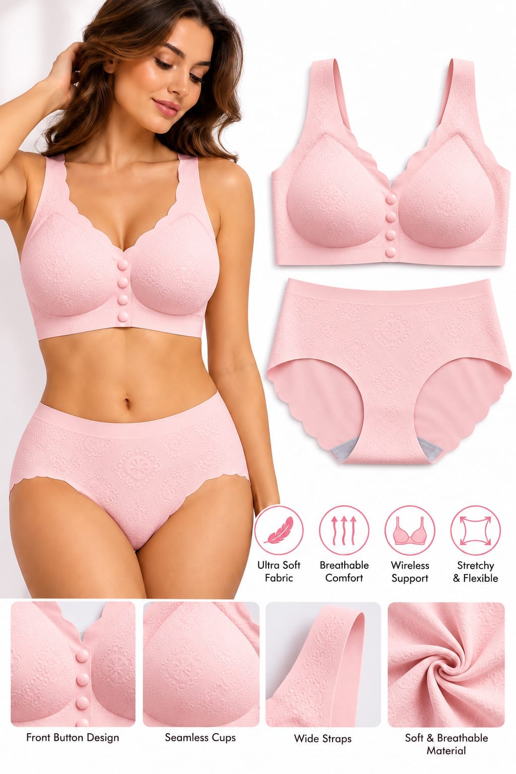 Women’s Seamless Wireless Front Button Bra & High-Waisted Panty Set
