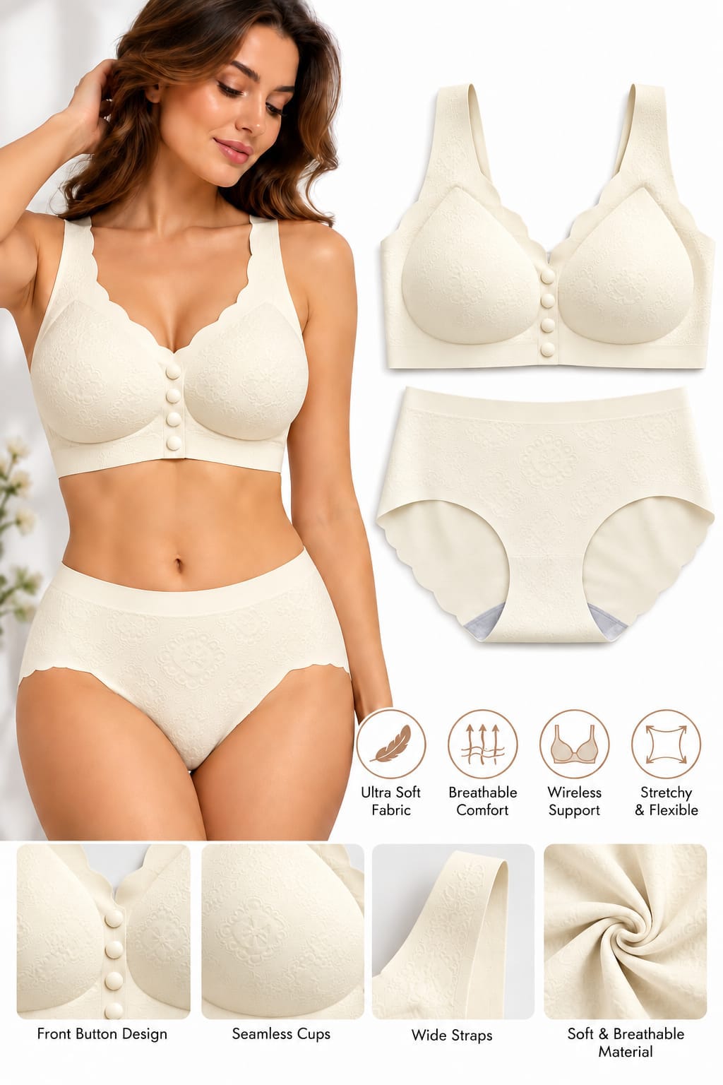 Women’s Seamless Wireless Front Button Bra & High-Waisted Panty Set