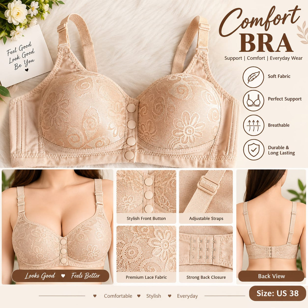 Women’s Red Lace Front Closure Comfort Bra – Adjustable Straps & Supportive Fit