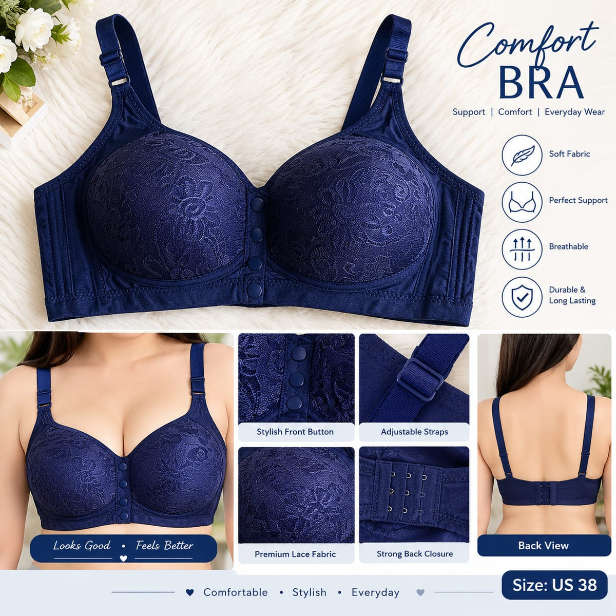 Women’s Red Lace Front Closure Comfort Bra – Adjustable Straps & Supportive Fit
