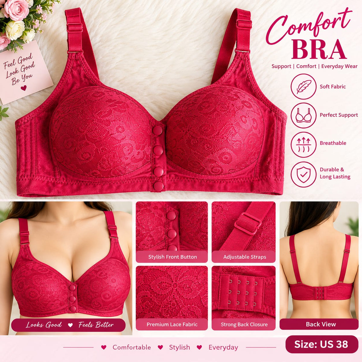Women’s Red Lace Front Closure Comfort Bra – Adjustable Straps & Supportive Fit