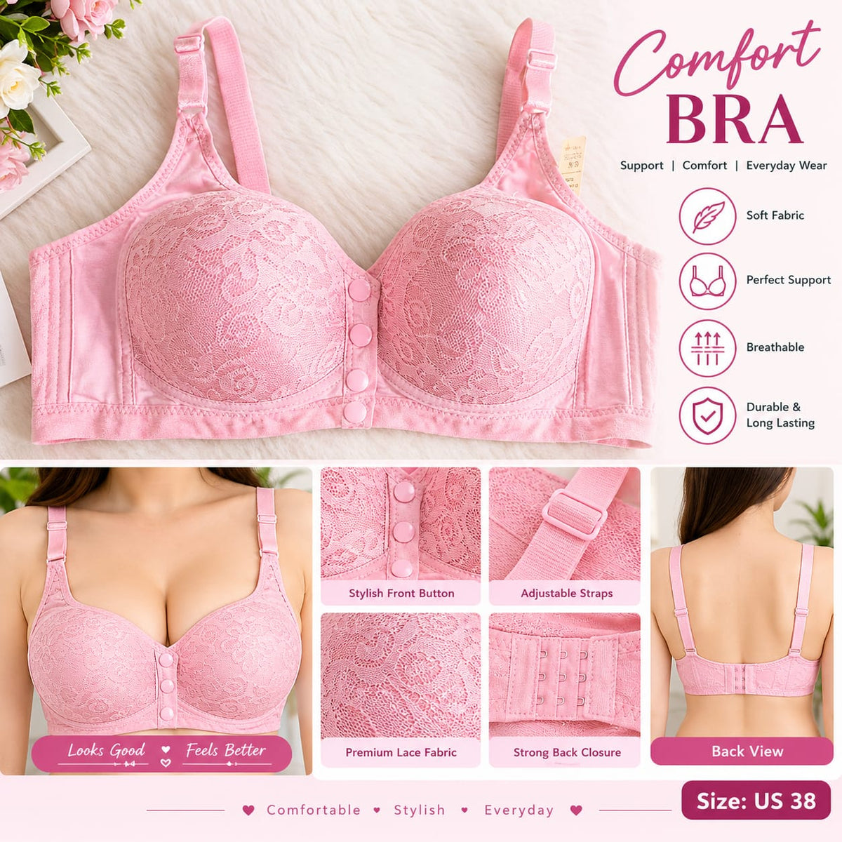 Women’s Red Lace Front Closure Comfort Bra – Adjustable Straps & Supportive Fit