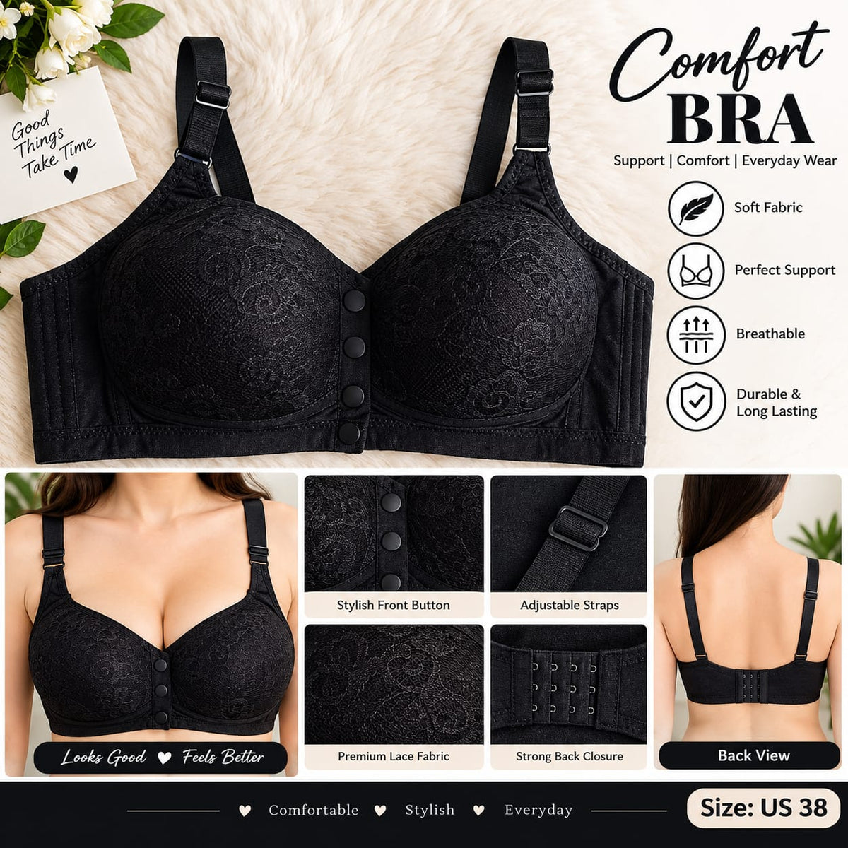 Women’s Red Lace Front Closure Comfort Bra – Adjustable Straps & Supportive Fit